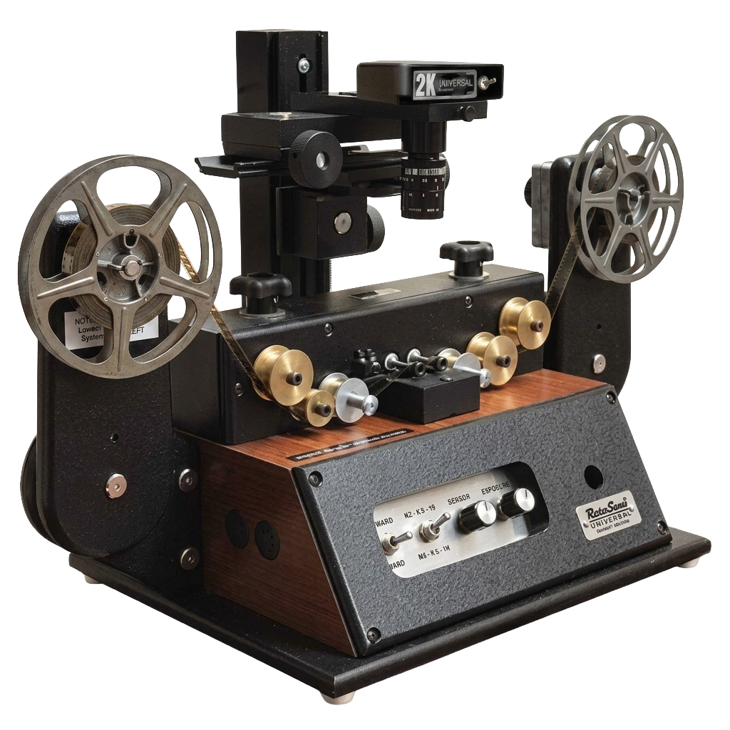 Filmscanner MovieStuff RetroScan Universal mit 2K-Kamera, Messing-Umlenkrollen und zwei montierten Schmalfilm-Spulen zum Digitalisieren von 8-mm- und 16-mm-Film