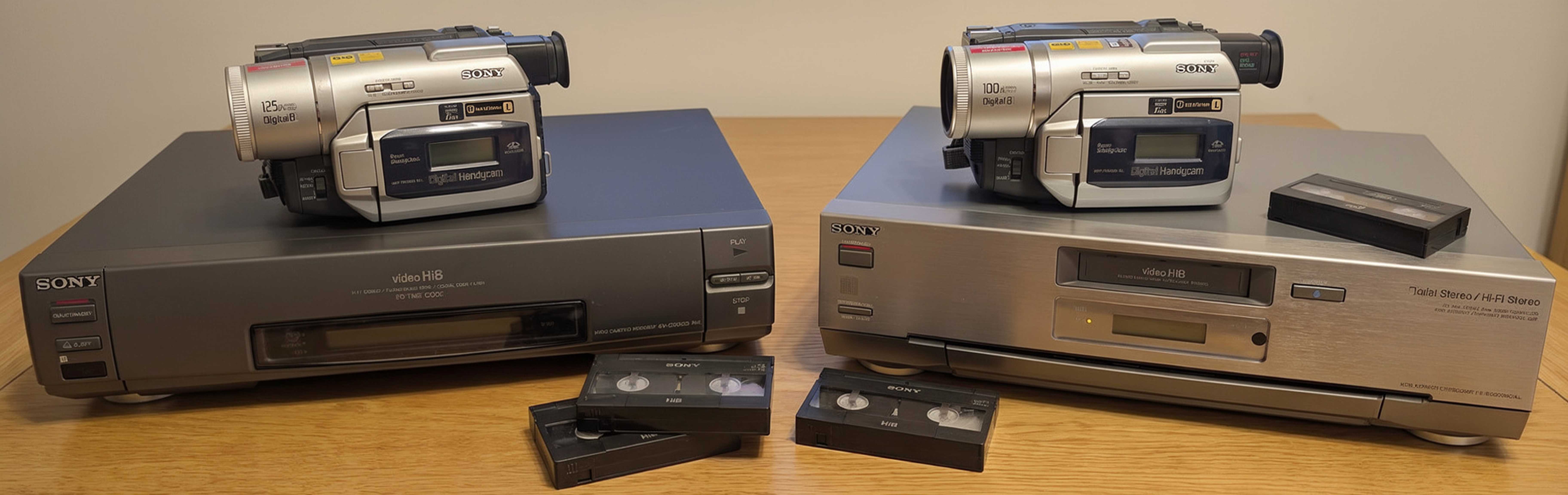 Zwei silberne Sony-Videorekorder im Video-Hi8-Format mit je einem aufgesetzten Sony Digital8-Handycam-Camcorder, davor mehrere Hi8-Kassetten auf einem Holztisch